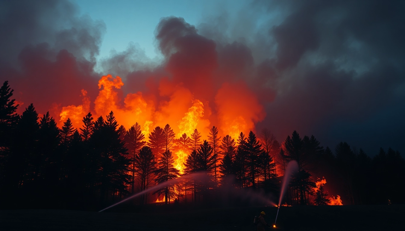 Capture of wildfire events showing firefighters battling flames amidst engulfed forests.