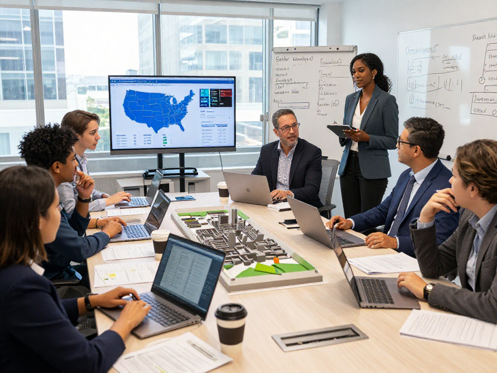 Team strategizing with campaign polling firm data in modern office.