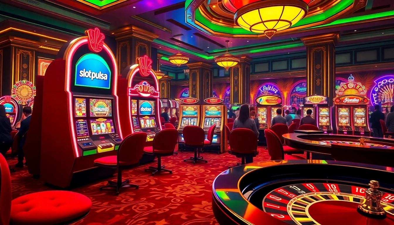 Players enjoy slot pulsa action in a vibrant casino atmosphere with dynamic slot machines.