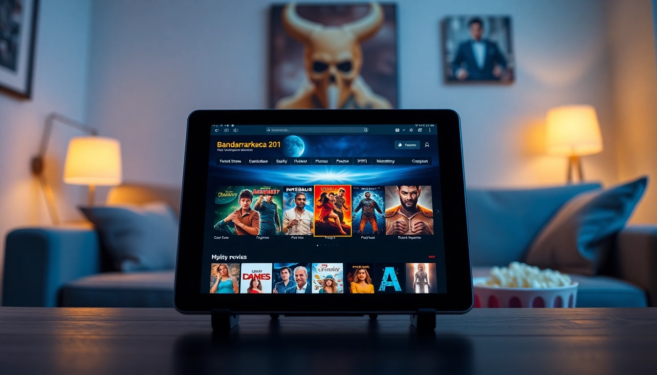 Browse films on https://bandarlayarkaca21.com with vibrant thumbnails on a sleek tablet.