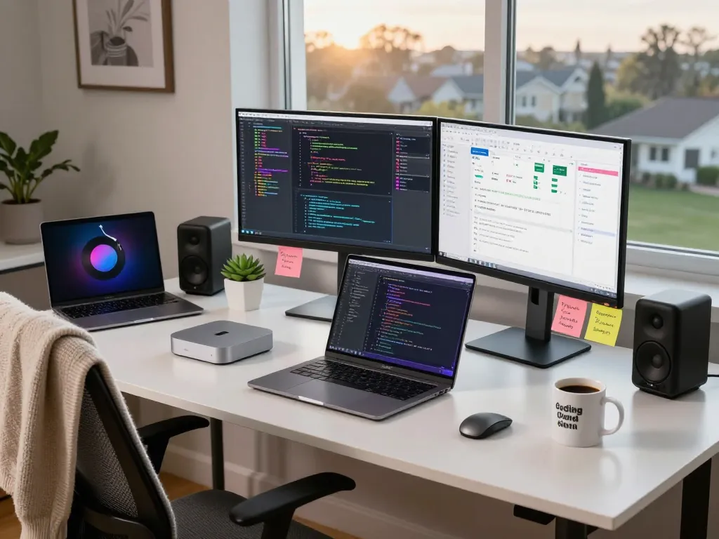 Developer using Mac mini in a modern workspace with dual monitors and vibrant code.
