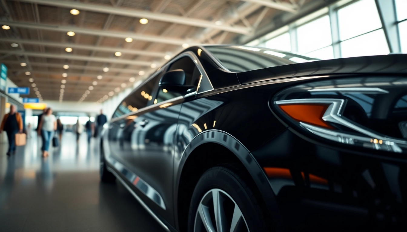 Experience luxury with https://www.canadalimotaxi.com showcasing an elegant limousine service at an airport.