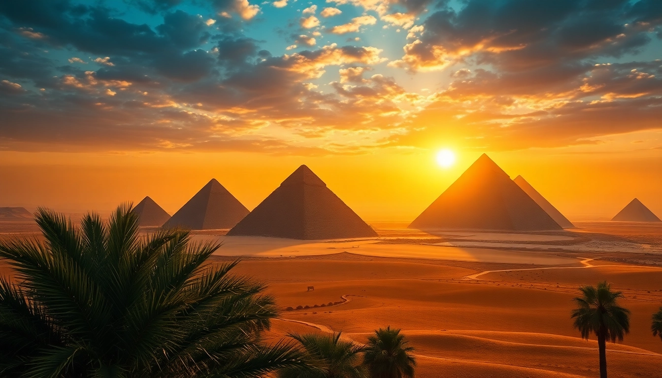 Experience the stunning pyramids of Giza, showcasing ancient architecture against a dramatic sunset.