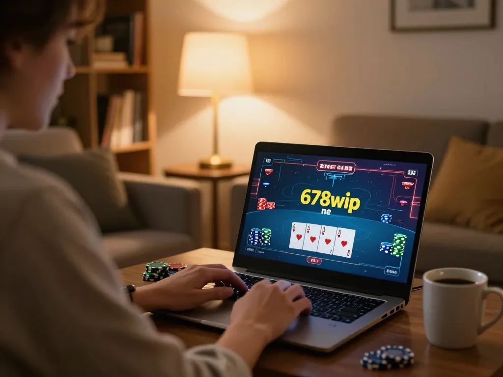 Engaging poker game on 678vip ne, with a player using a laptop in a cozy atmosphere.