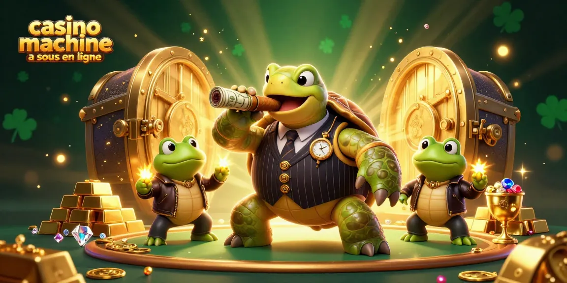 Une illustration 3D captivante de casino machine à sous en ligne avec une tortue caricaturale et des grenouilles en flambeau entourées de joyaux.