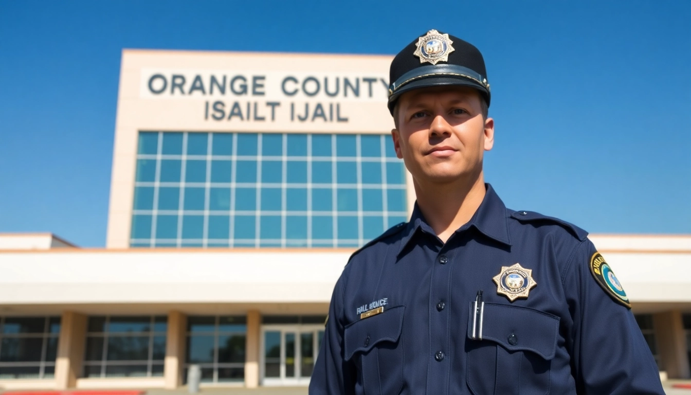 Explore the Orange County Jail Inmate Locator with a professional officer in front of the facility.