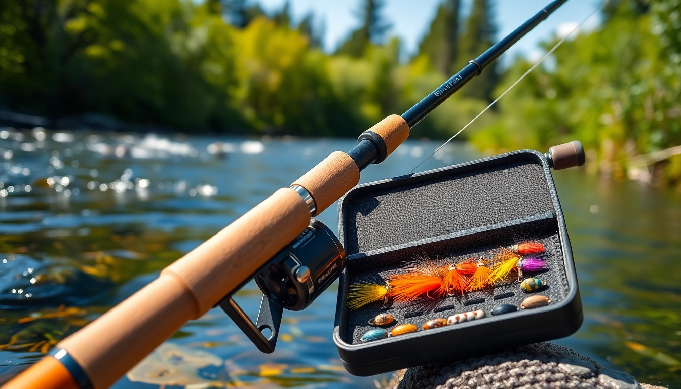 Explore an essential fly fishing kit with rod, reel, and vibrant flies by a tranquil river.