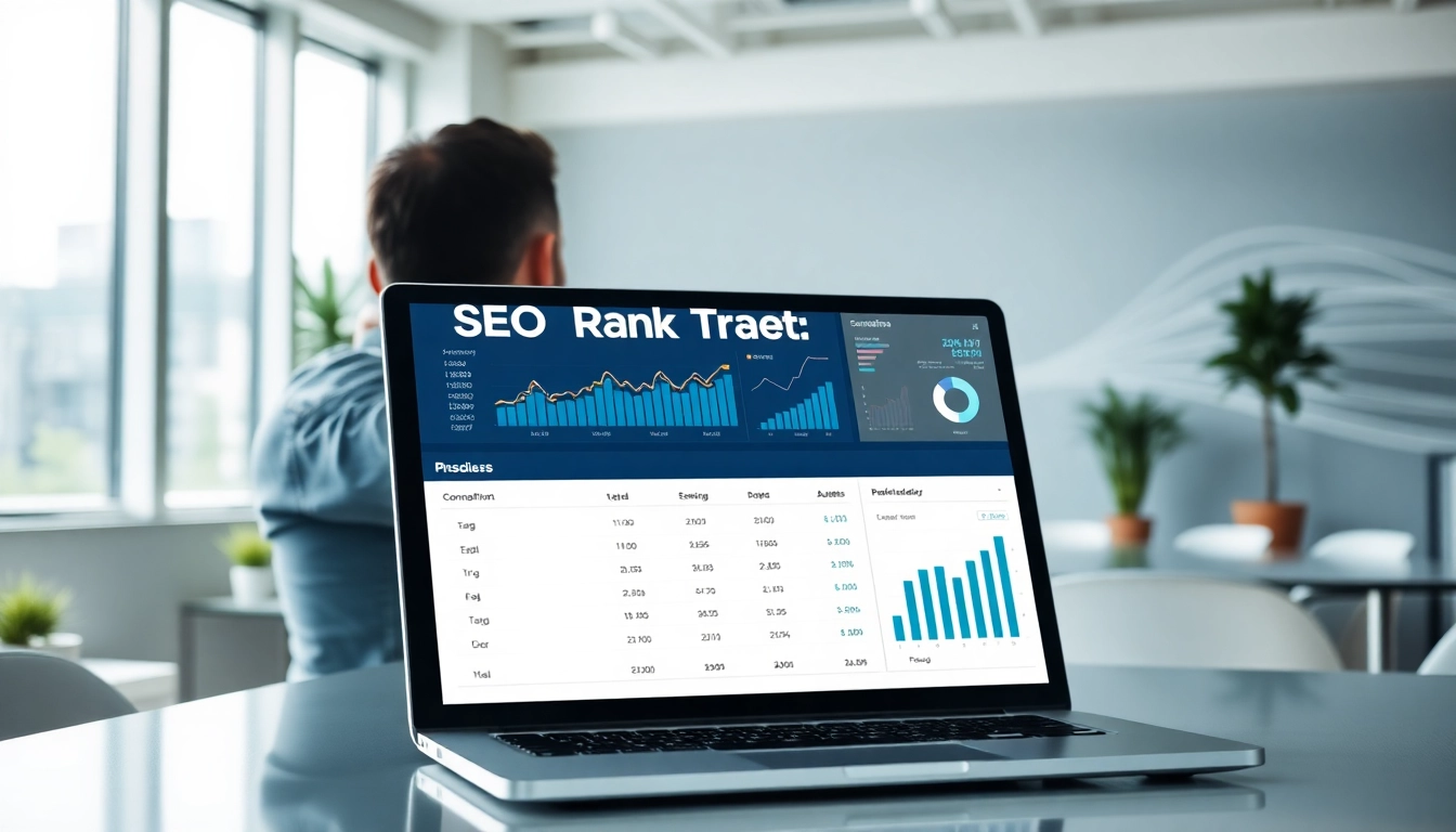 Analyze the SEO Rank Tracker data on a laptop in a modern office