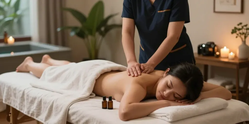 Expert 수지출장마사지 session in a serene home environment with calming elements for relaxation.