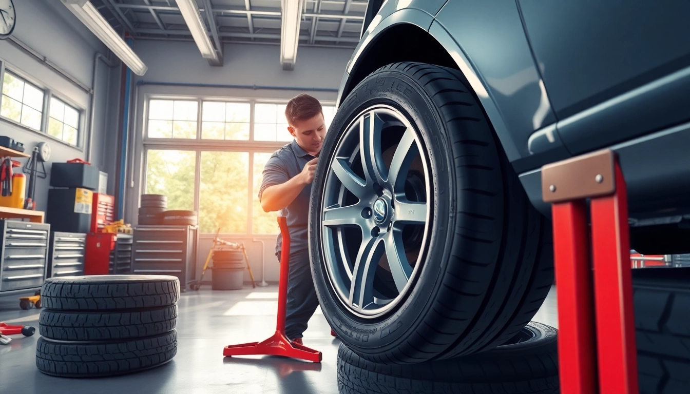 Tire installation Nashville service showcasing a technician expertly fitting a tire in a professional workshop.