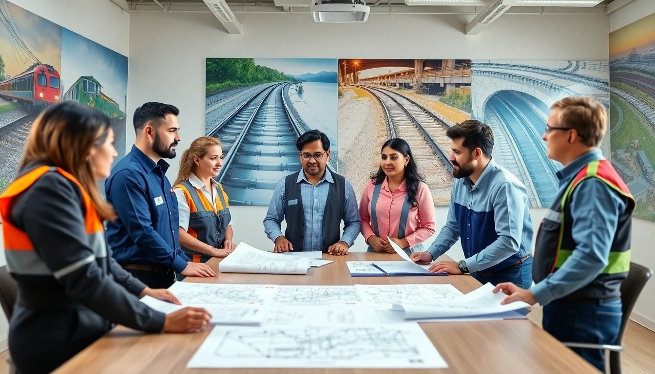 Engaged team in an office discussing rail jobs and safety protocols, emphasizing teamwork.