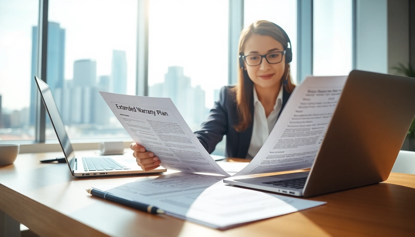 Selling extended warranty for cars and homes with a professional representative in a modern office.