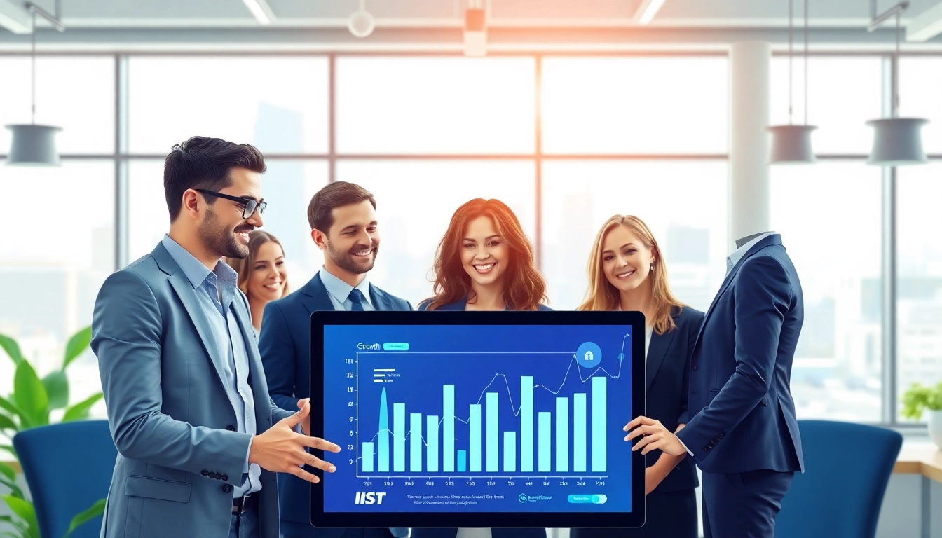 Showcasing business growth insights in a vibrant office environment, with professionals analyzing data.