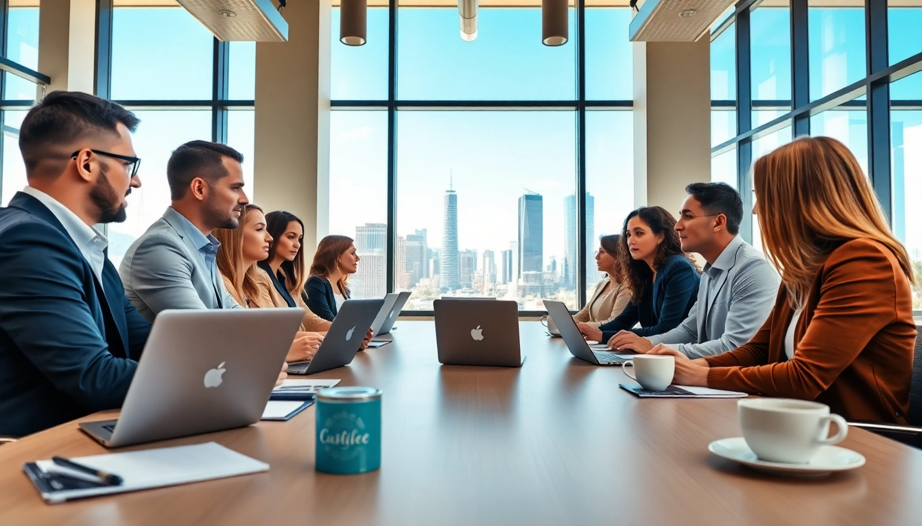 Engaged professionals discussing business strategies in a vibrant office setting.