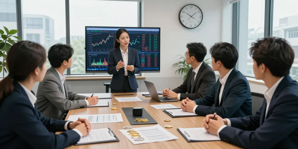 Investment advisor discussing the full precious metals story here with clients in a modern financial office, showcasing gold and silver options.