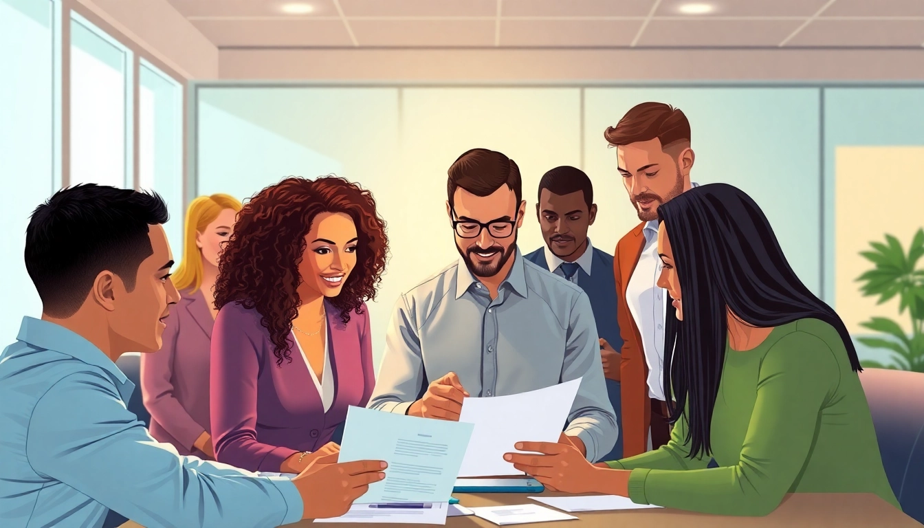 Individuals collaborating to complete an ITIN application in a bright office setting