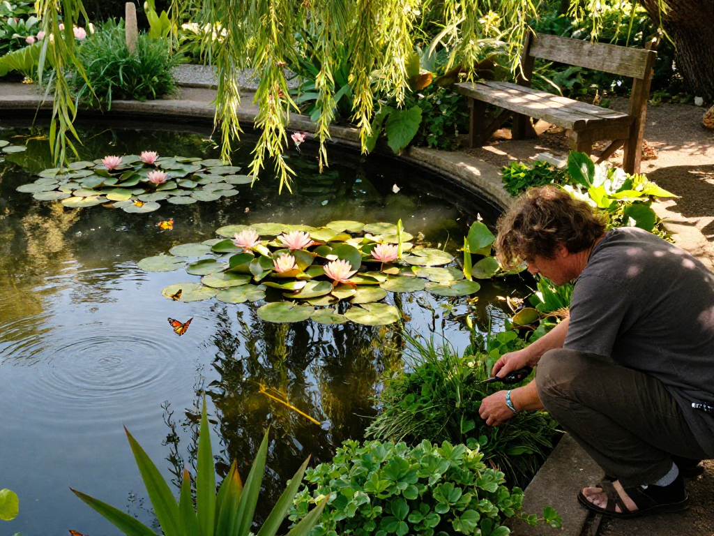 Beautiful British pond plants enhancing a tranquil garden pond environment during golden hour.