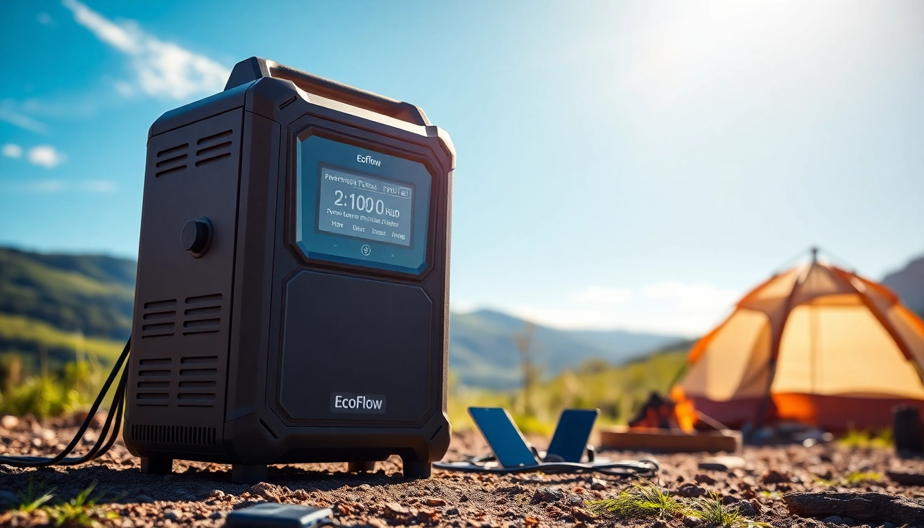 EcoFlow portable power station showcased in an outdoor camping scene.