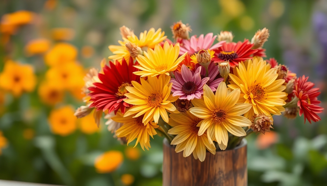 Admire the vibrant dried flowers elegantly arranged in a rustic wooden vase.