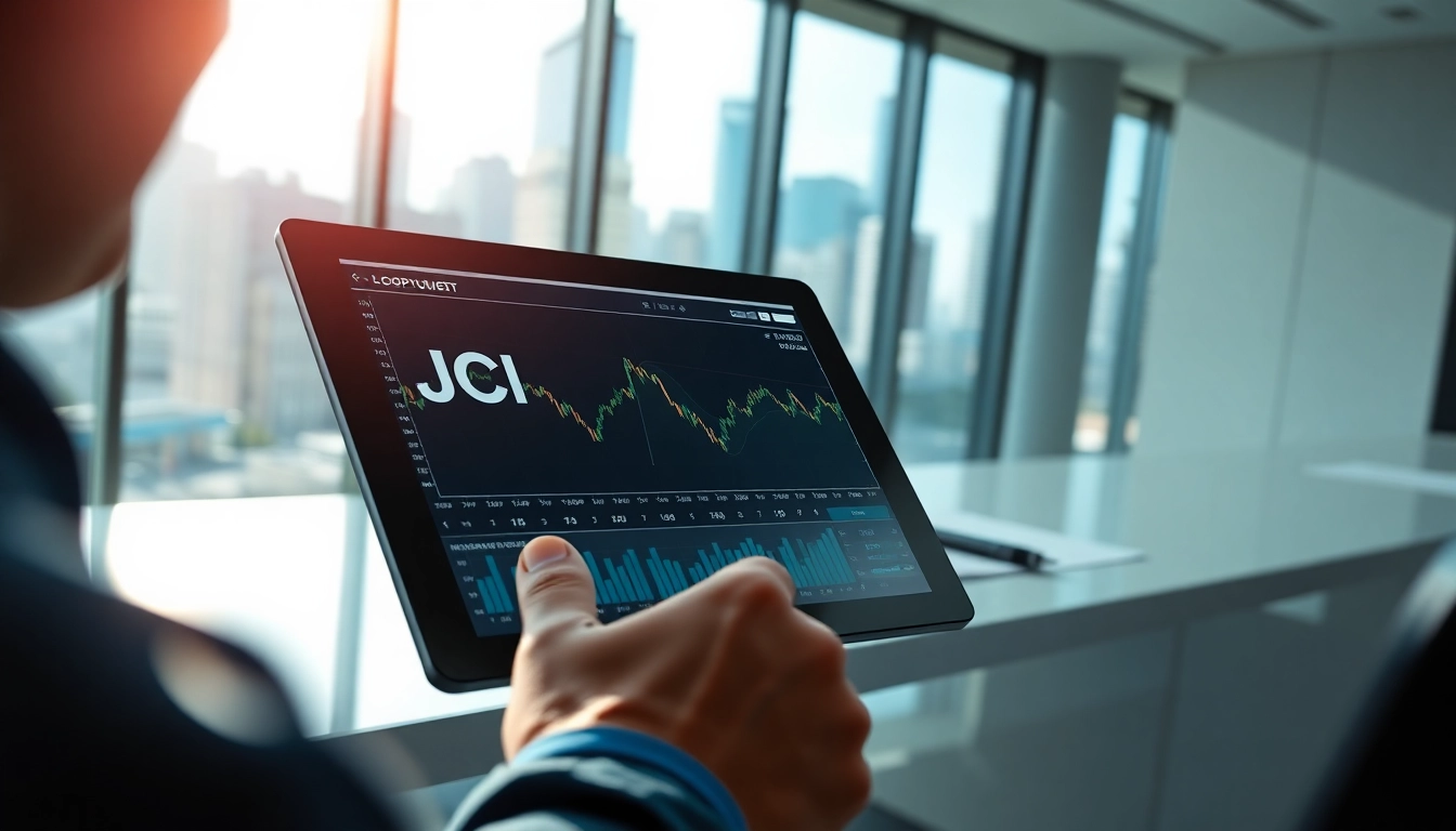 Analyze JCI stock price with a financial expert in a modern office setting.