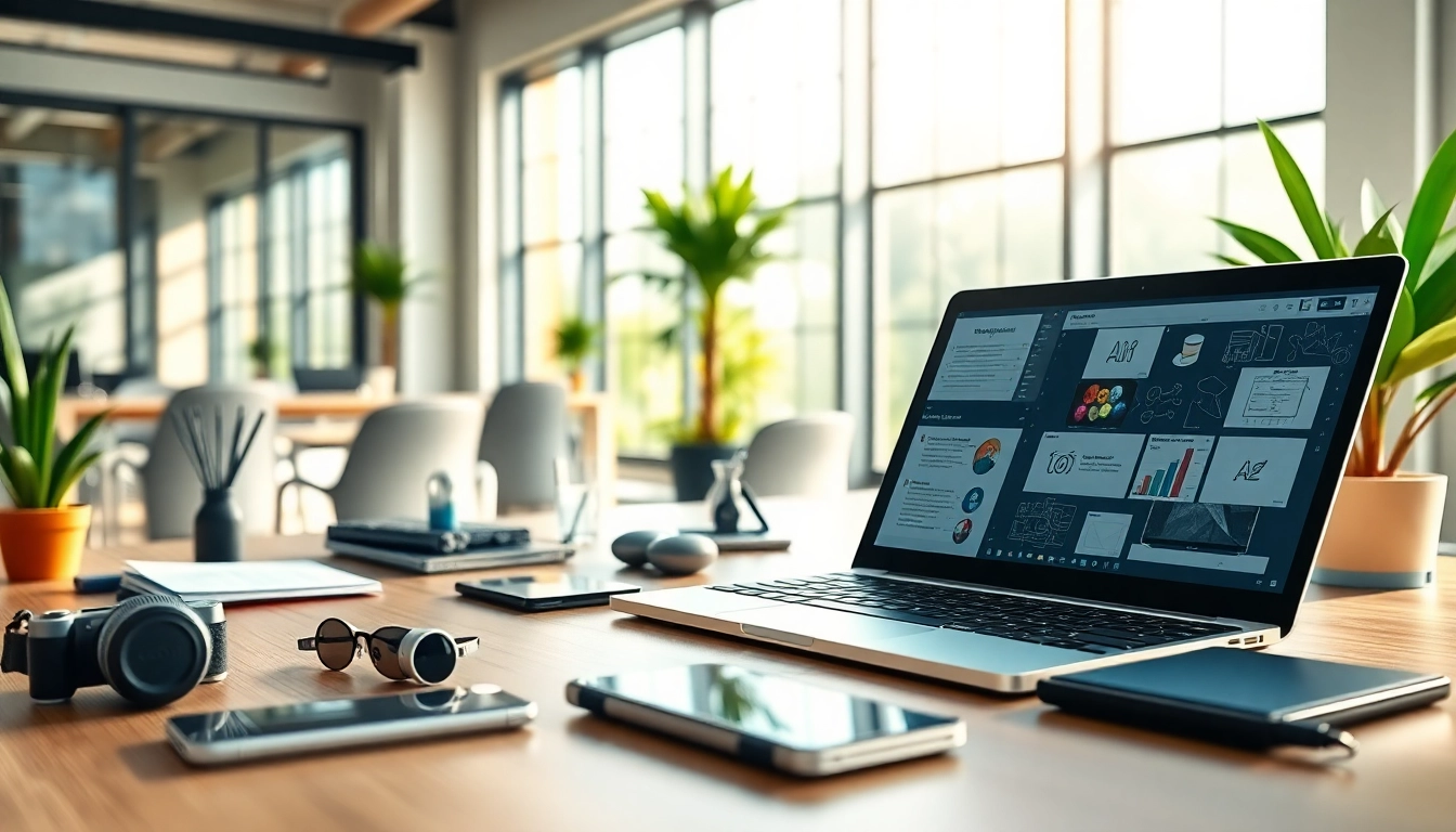 Explore innovative ai tools in a modern workspace setting with tech gadgets and natural light.