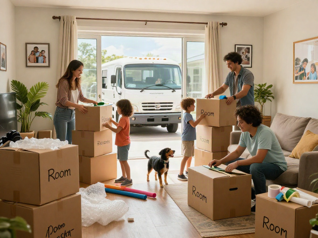 Excited family with a moving company preparing boxes in a cozy living room.