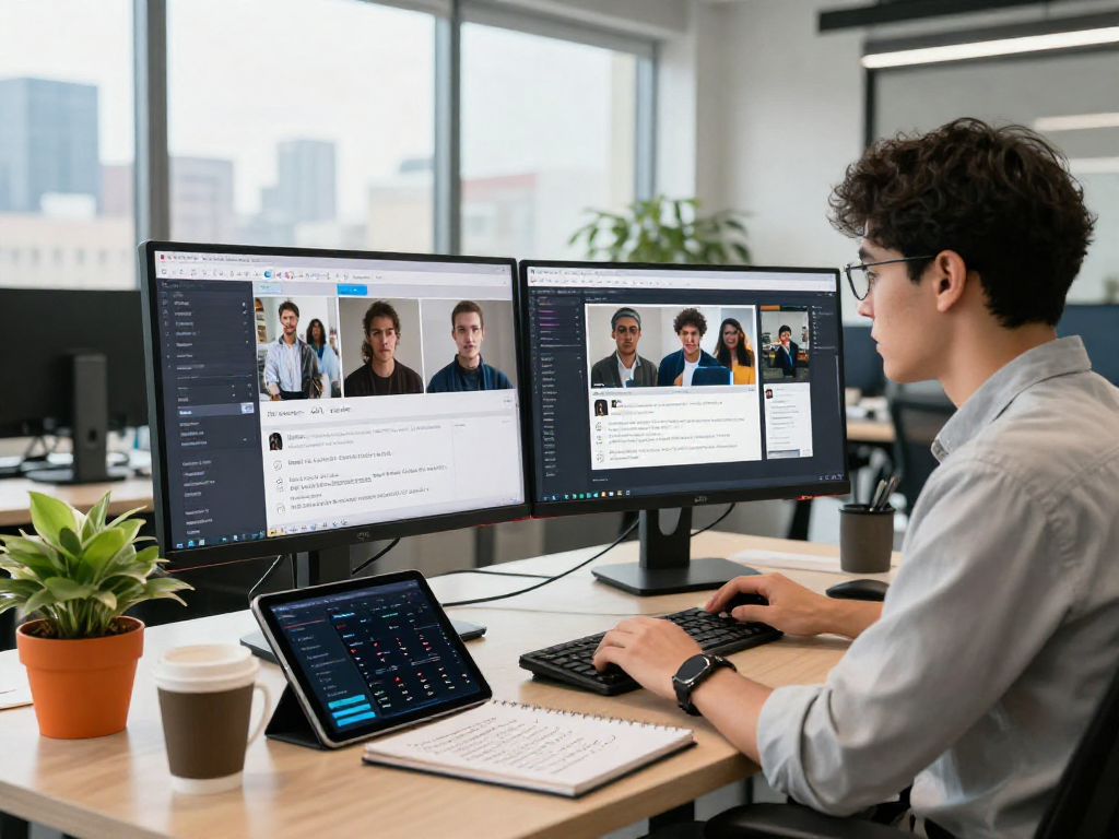AI image detector software in a professional content moderation workspace, showcasing dynamic analysis and urban office setting.
