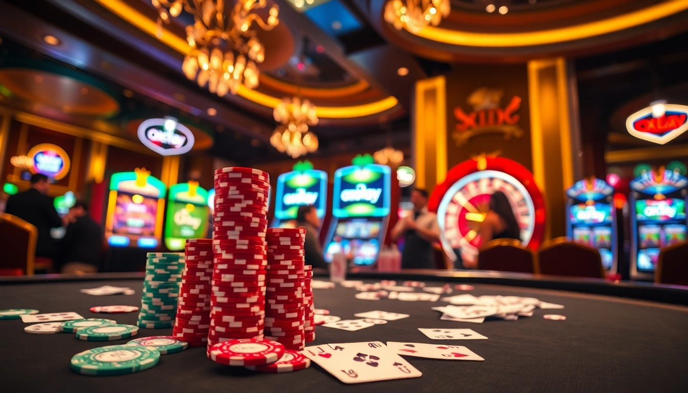 Gamblers enjoying casino games at an oxplay themed gaming table surrounded by slot machines.