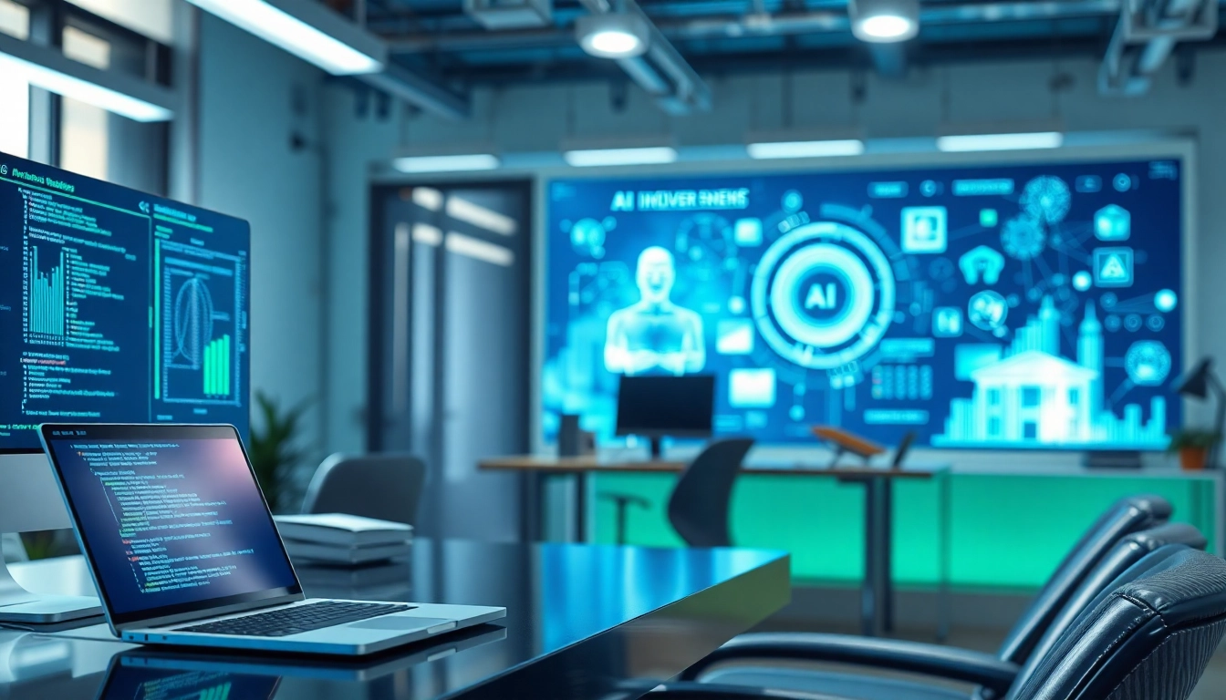 Showcase dynamic ai tools displayed on screens in a modern tech workspace.
