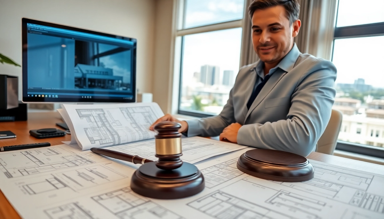 Consulting a Boca Raton Construction Litigation Lawyer in an office filled with legal documents and construction blueprints.
