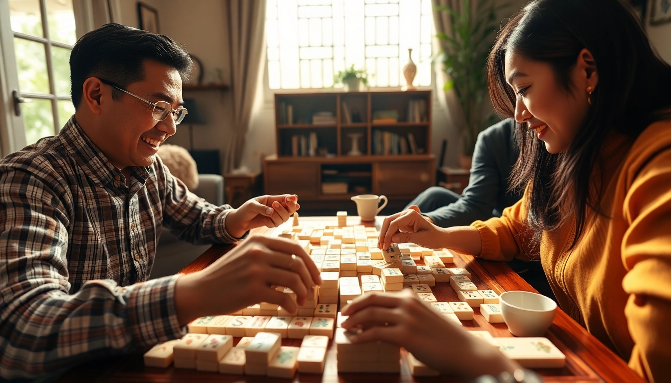 Menggambarkan permainan mahjong dengan pemain yang serius di ruang tamu.
