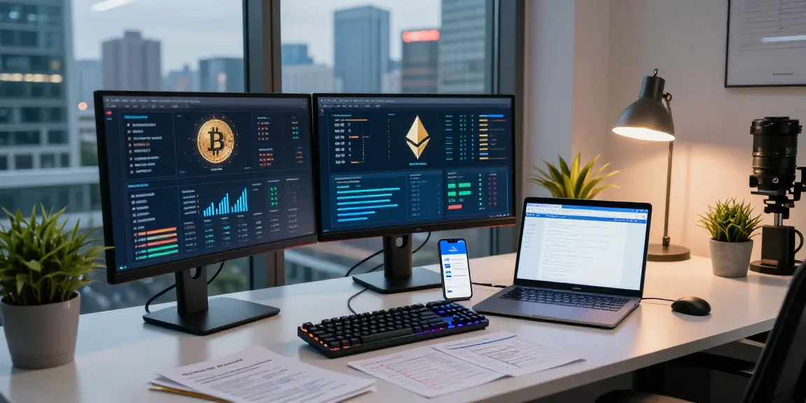 Cloud mining workspace with monitors displaying cryptocurrency analytics and mining performance indicators in a modern office