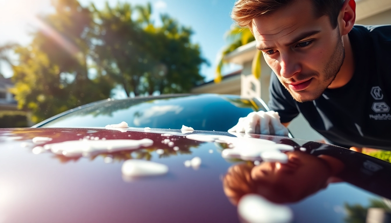 Broward County mobile detailing showcases a car being thoroughly cleaned in a sunny driveway.