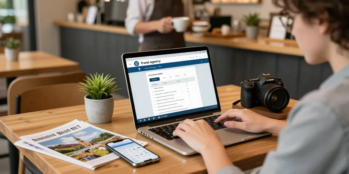 Using travel agency CRM software to plan trips at a café, showcasing travel organization.