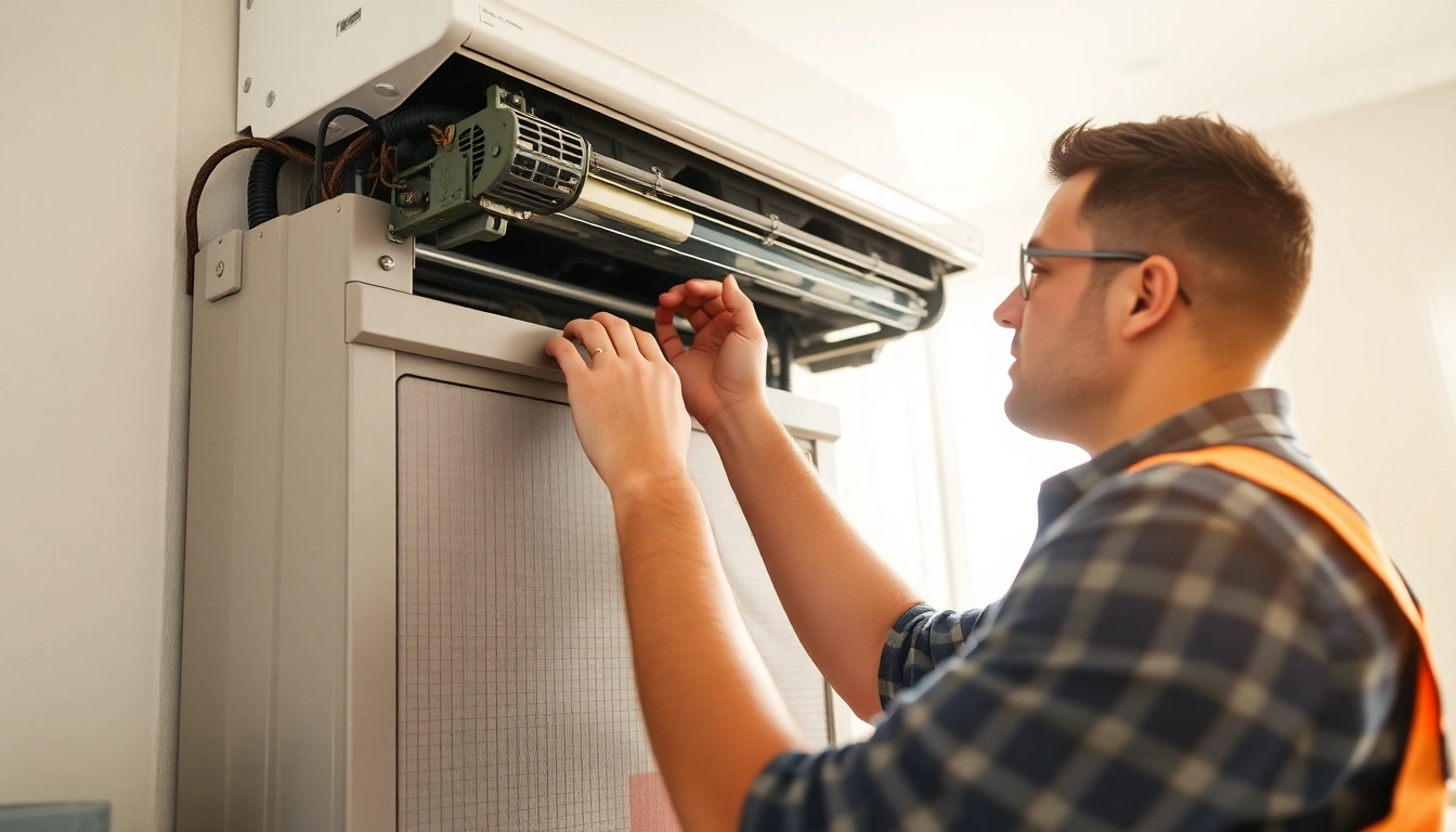 Hvac repair bedford ny technician fixing an air conditioning unit in a bright living room.