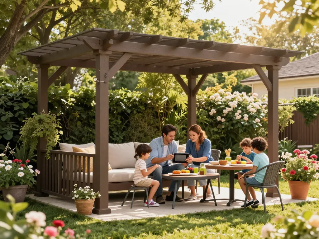 Designing a custom pergola configurator with family enjoying the outdoor space and interacting with a tablet.