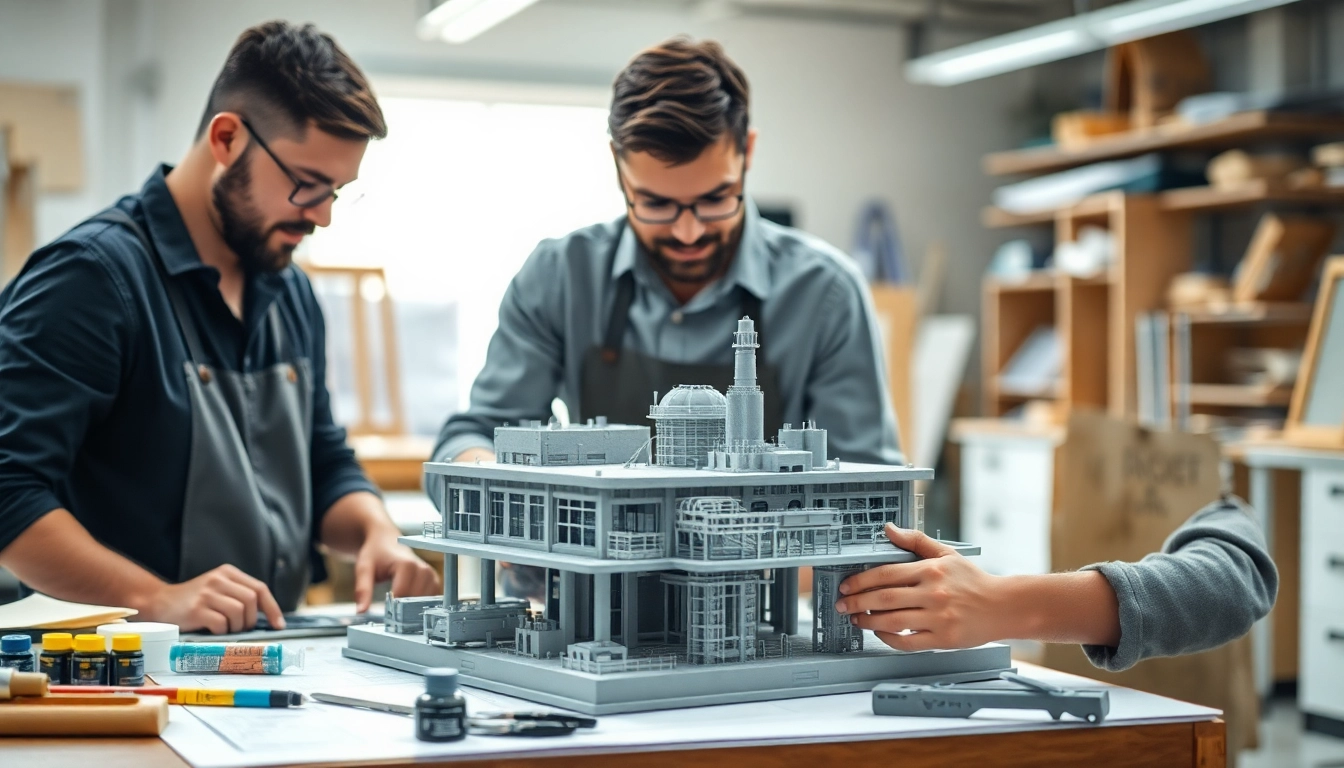 Industriemodellbau in action: A detailed industrial model being crafted by professionals.