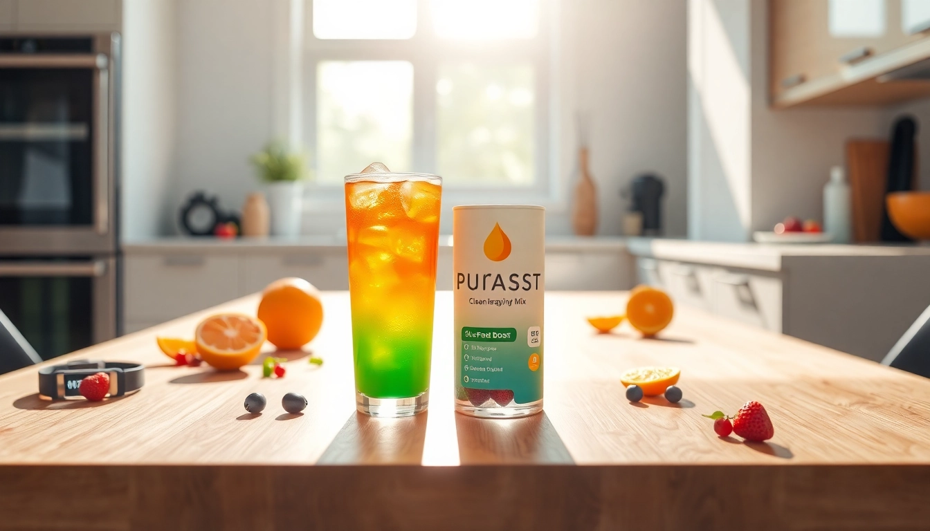 Puraboost clean energy drink mix served with fresh fruits, highlighting vitality and health.
