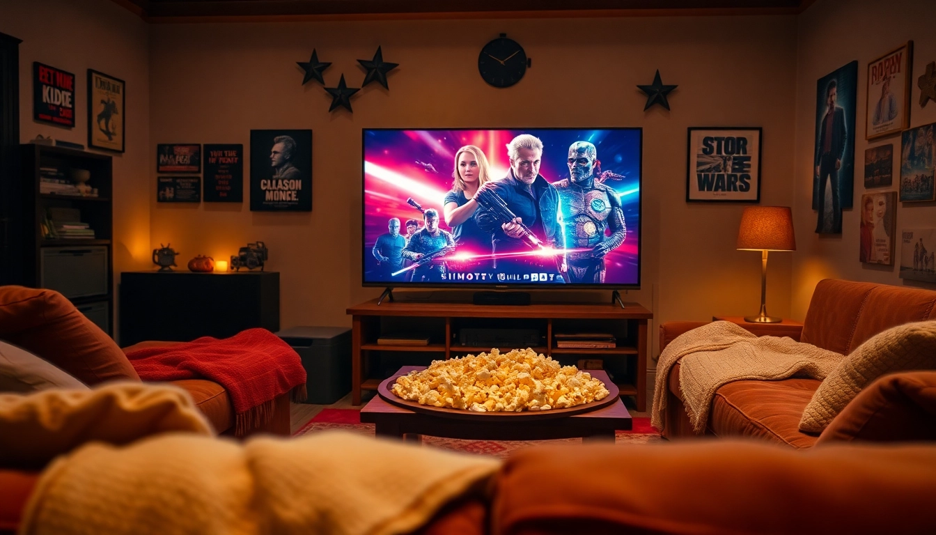 Enjoy ดูหนังออนไลน์ with a cozy living room setup featuring a vivid movie display and inviting ambiance.