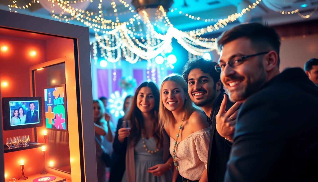 Capture lively moments at a photo booth rental with vibrant props and decorations during a wedding event.