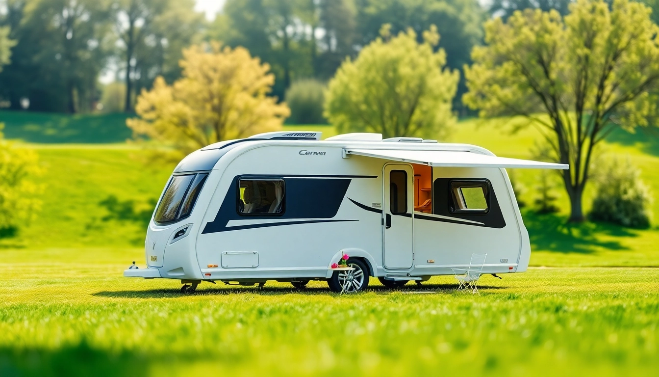 Hugh Daly Caravans on display in a tranquil outdoor setting with sleek design.