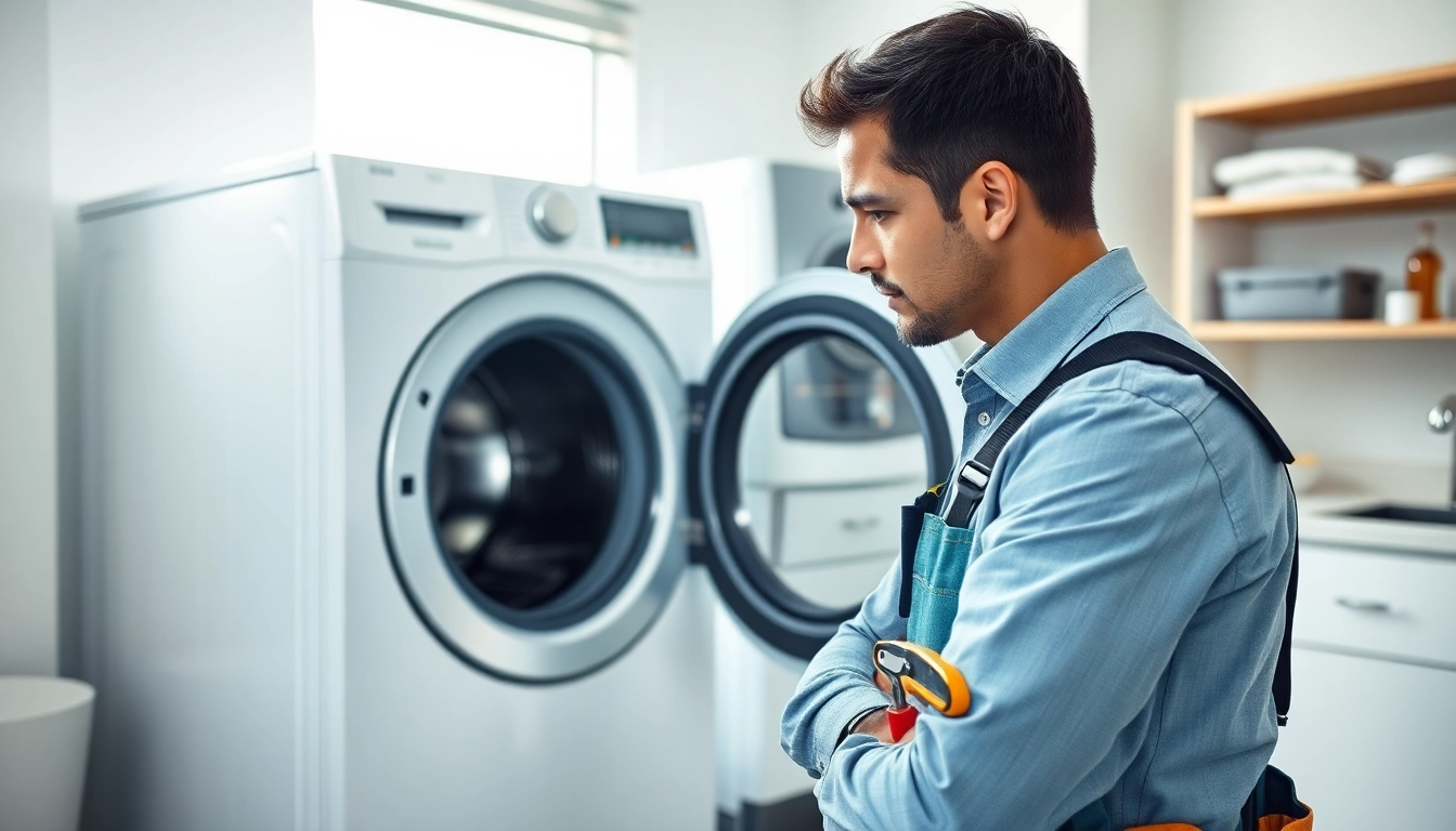 Efficient technician performing washing machine repair near me in a well-lit laundry setting.