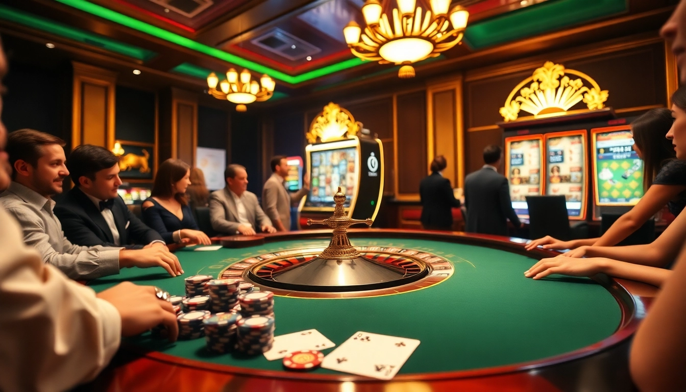 Engage with the onicplay platform at a vibrant casino, featuring roulette, poker chips, and slots.