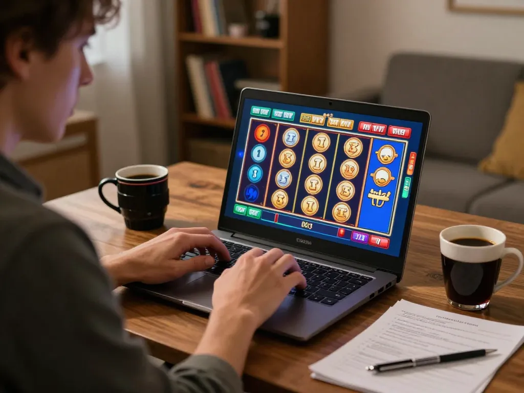 Person fully engaged in a slot demo game on a laptop, showcasing strategic gaming at home.