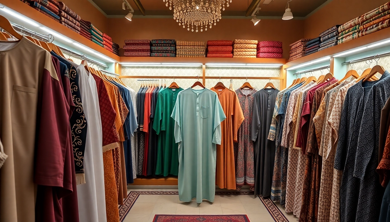 Explore the elegance of Omani thobes showcased in a vibrant boutique setting, highlighting their intricate craftsmanship.