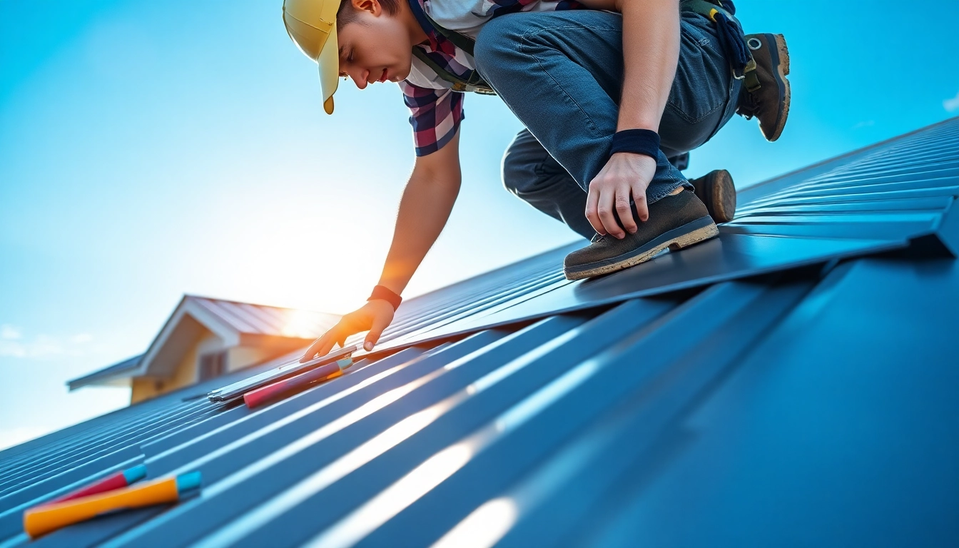 Installing metal roofing calgary with a skilled worker on a sunny day.