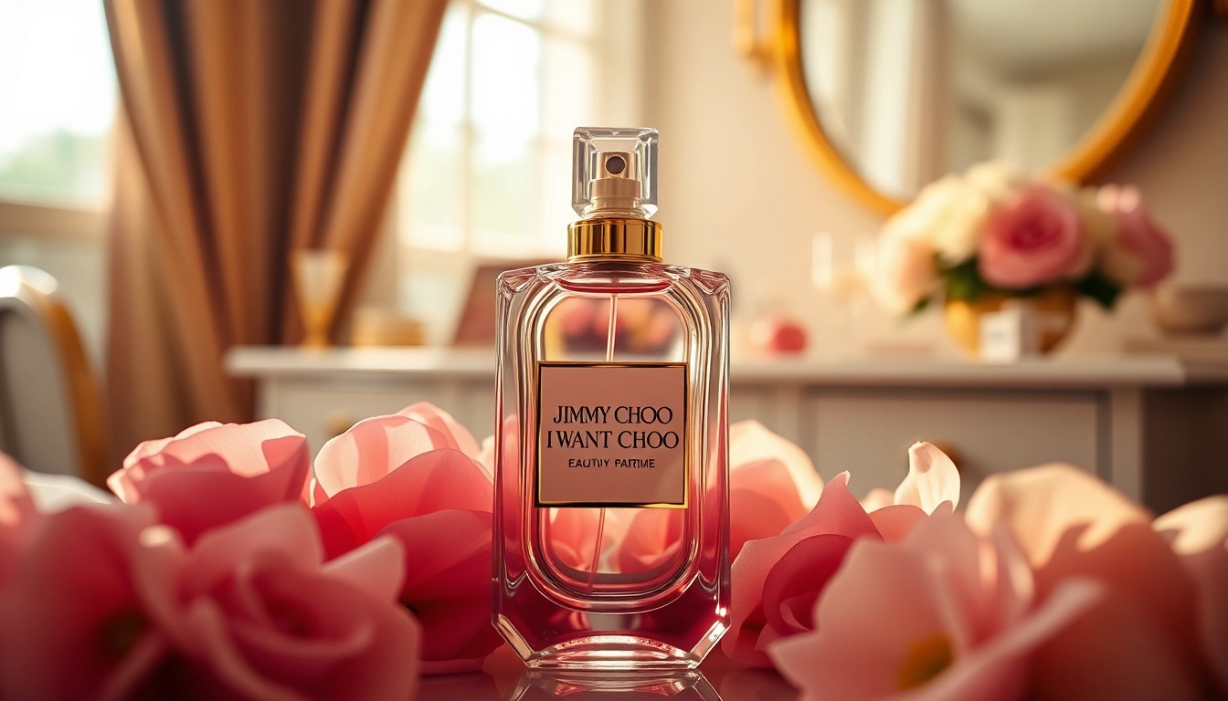 Elegant representation of Jimmy Choo I Want Choo perfume bottle surrounded by flowers.
