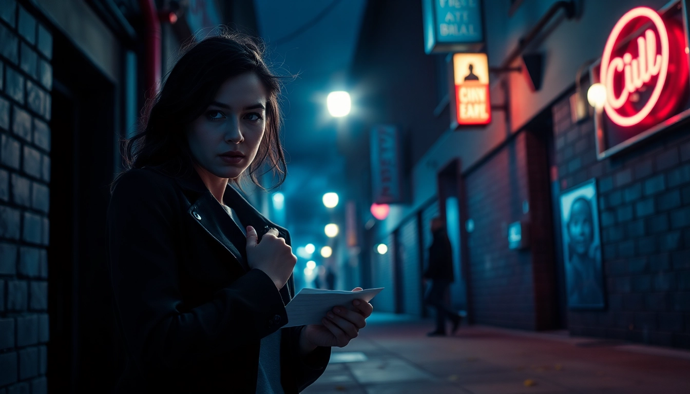Explore a Clean thriller scene with a determined female protagonist in a suspenseful urban setting.