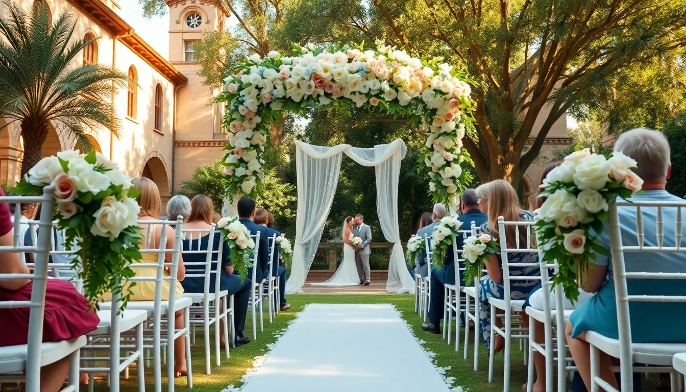 Celebratory outdoor wedding at a Jacksonville Wedding Venue with floral beauty and charming architecture.