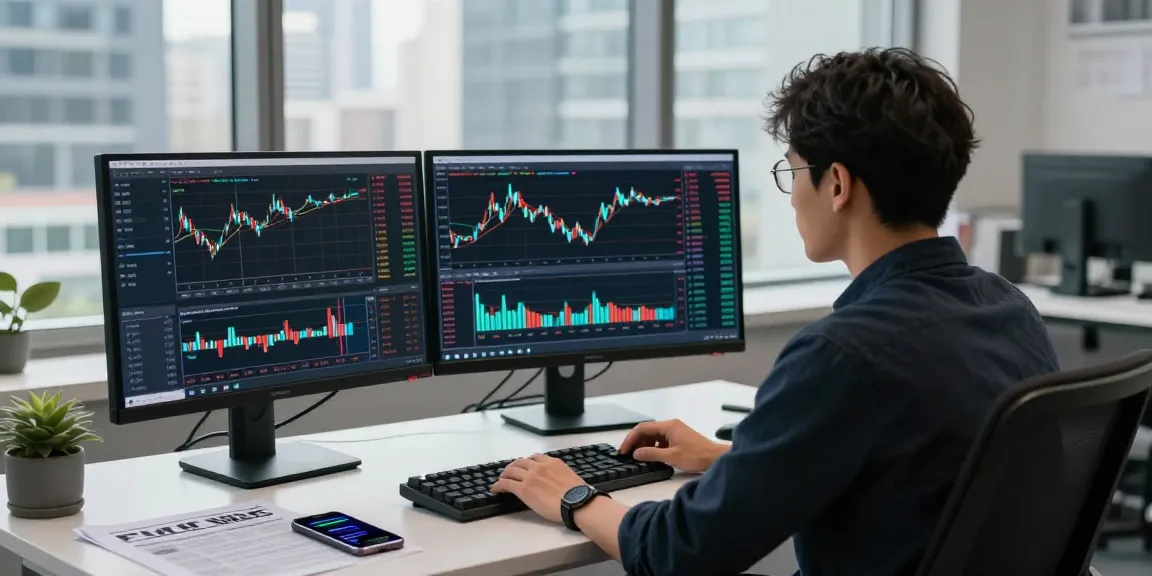 Forex intraday data API analysis in a modern office with charts and trading tools.